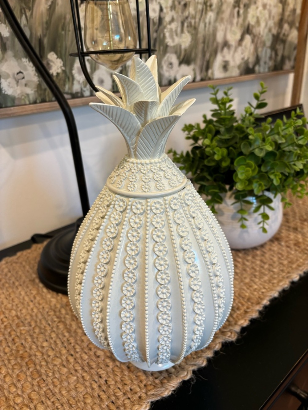 Nate Berkus Lacquer Pineapple White Decor Piece Removable Lid Floral 11”x 6” - Picture 5 of 11